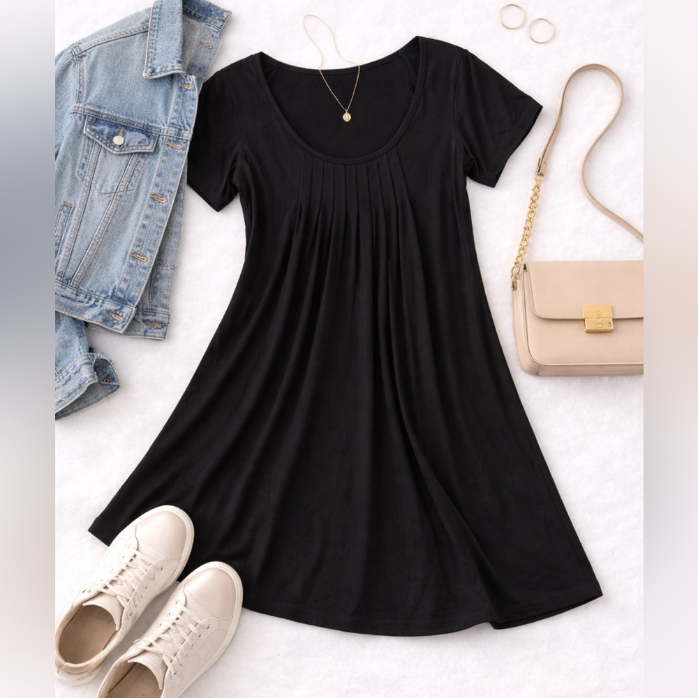 Portocruz Black Swing Dress | Pleated Front | Flowy Mini | Short Sleeve | Size S